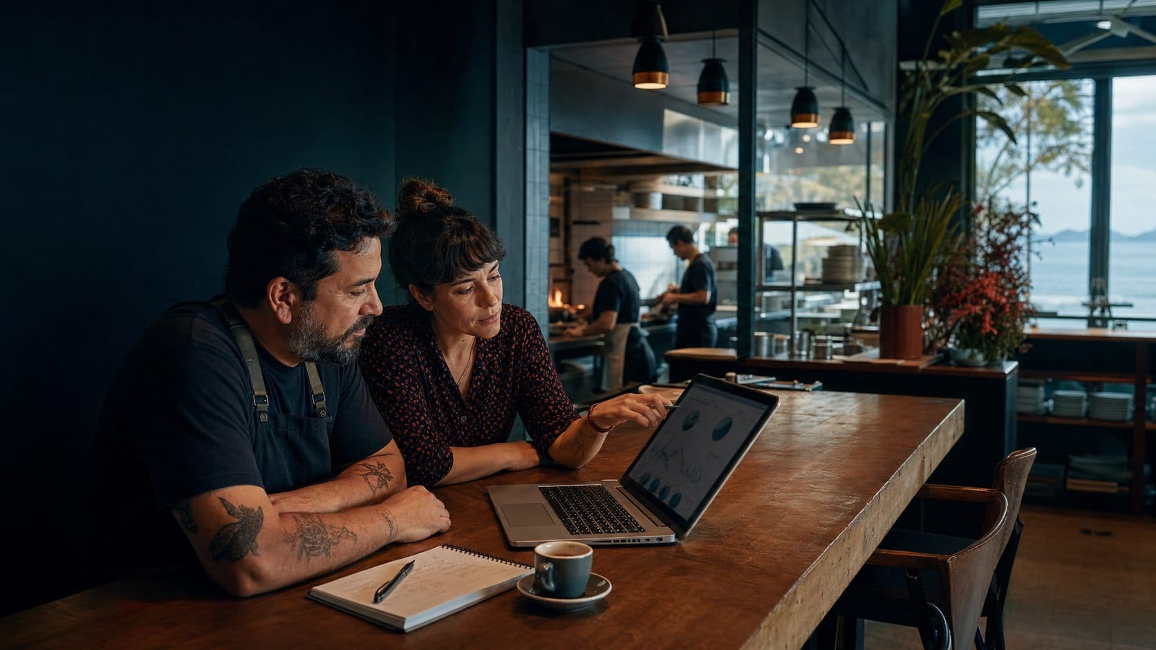 Empresários analisando dados e decisões de marketing